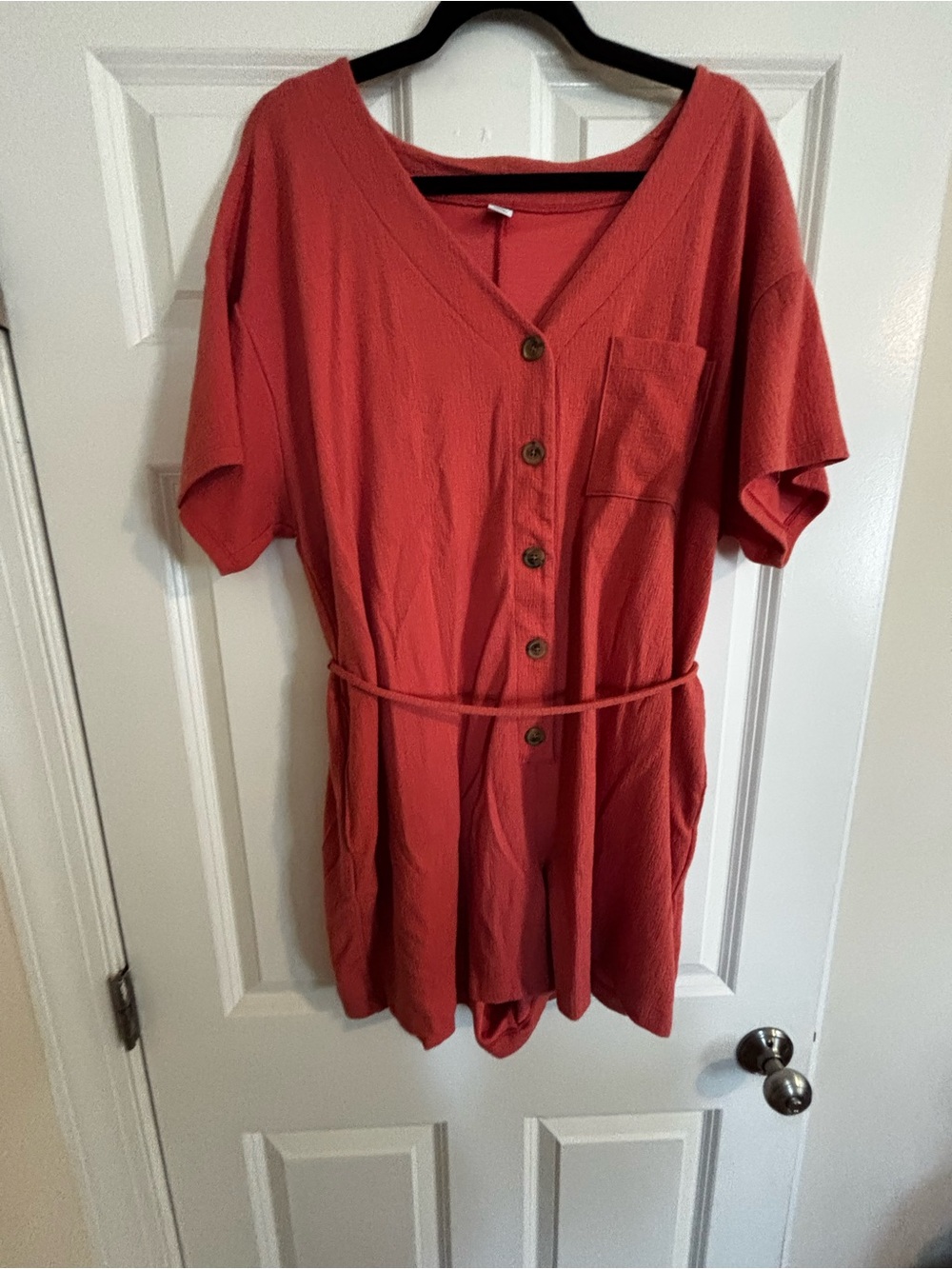 Old Navy Coral Button-Front Short Sleeve Romper with Waist Tie